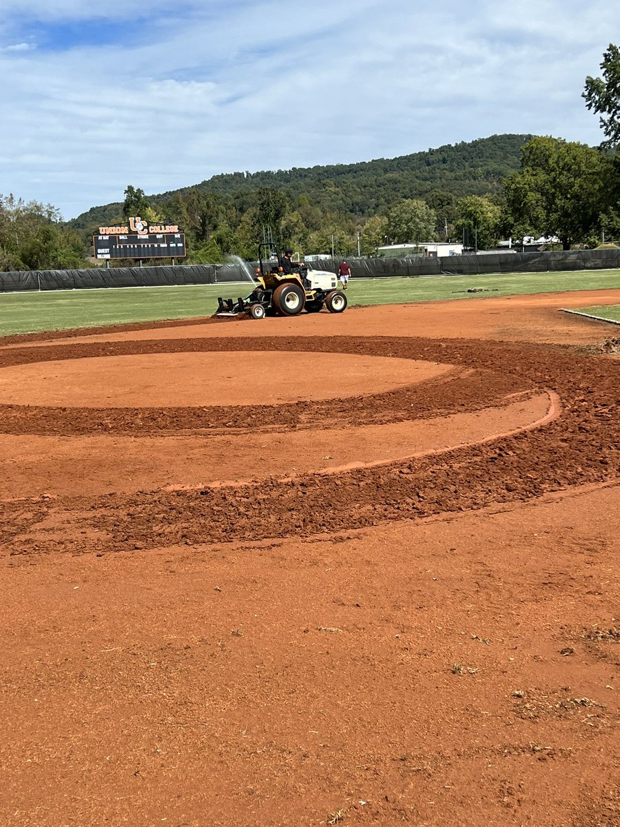 UnionKyBsb's tweet photo. Huge day of renovation and improvement on the field today with sod cutting entire infield arc and baselines, new sprinklers in the outfield and infield, mixing and grading the infield dirt. Next up is rebuilding game mound, homeplate, and a 120’ turf bullpen with 3 rubbers wide! https://t.co/BJFRuJK0Zw