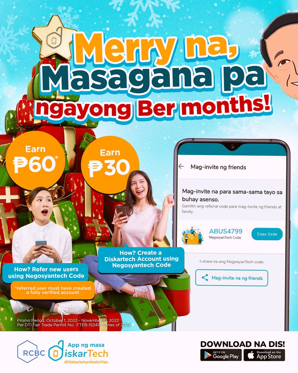 rcbcdiskartech's tweet photo. Merry at masagana talaga dahil doble kita ngayong BER months. Yun oh!
Share na your NegosyanTech code with your family and friends!
Download na dis! Hanapin ang DiskarTech app sa Appstore or Google Playstore.
#DiskartehanNatinYan #DiskarTech #AppNgMasa #HalosLahatPwede https://t.co/cPriUH1L0Q