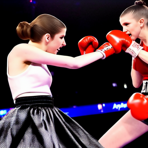 BaneMegaphone's tweet photo. Well, need to dial it down a bit, I think: "Anna Kendrick throwing punches in a violent fistfight with Millie Bobby Brown outside an Applebee's at 2 AM" #stablediffusion #thoseshoes https://t.co/ibh0ZeqkPU
