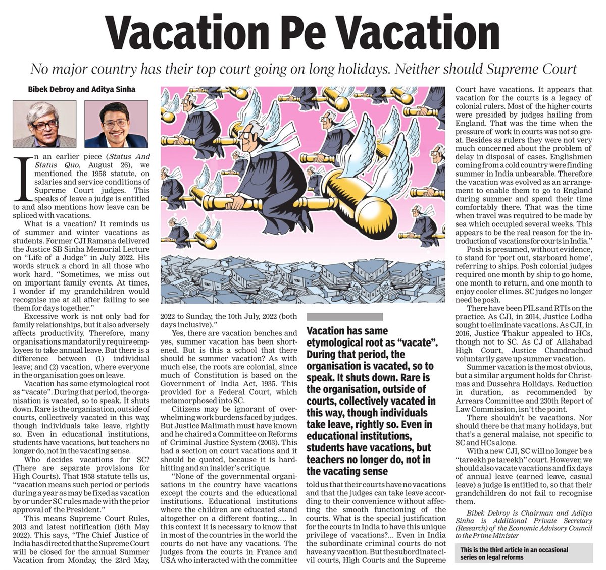 EACtoPM's tweet image. "Rare is the organisation, outside of courts, collectively vacated in this way, though individuals take leave, rightly so. Even in educational institutions, students have vacations, but teachers no longer do, not in the vacating sense". Dr. @bibekdebroy &amp;amp; @adisinha13 write.