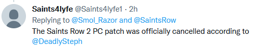 saintstakes's tweet photo. if they actually cancelled a patch cause yall boycotted the game itd be the funniest shit ever. yall did this to yaself 💀 #SaintsRow https://t.co/iDc8JIU5HM