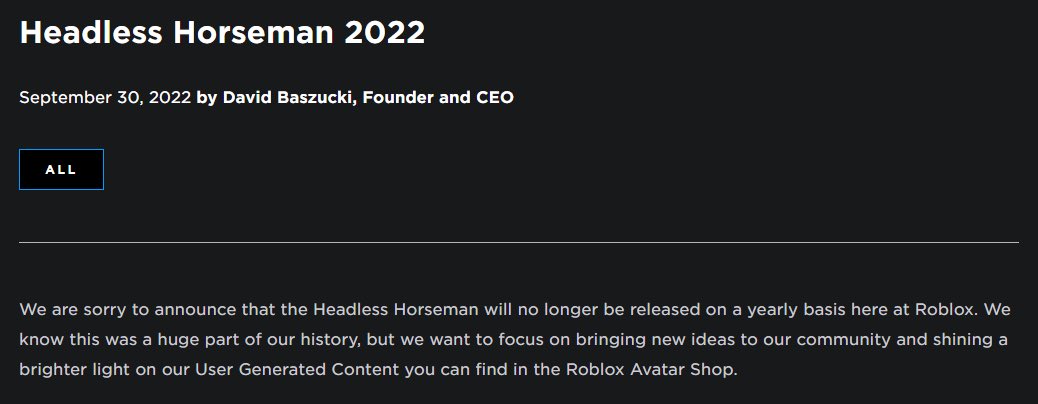 Roblox News (Parody) 🔔 on X: Headless horseman will be released for FREE  this year 😵  / X