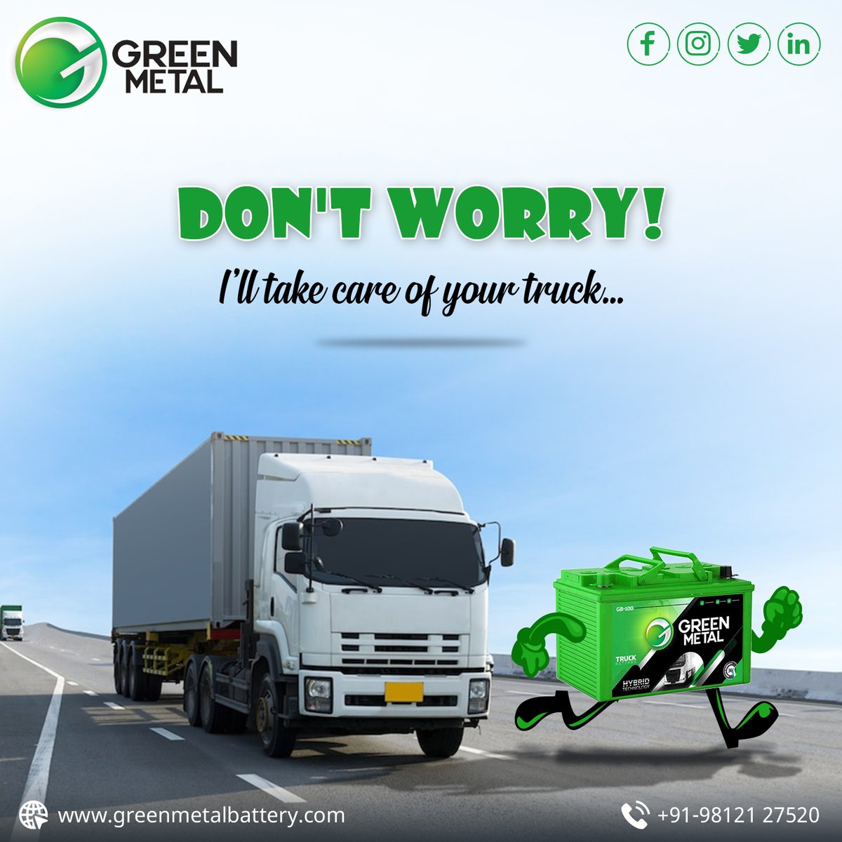 battery_metal's tweet photo. Don't Worry!
I'll take care of your truck..
Green Metal Battery
https://t.co/InbiozFbt2
#truckbattery #energy #battery #erickshaw #businessopportunity #newbusiness #startup #msme #kurukshetra #haryana #codingtag #india #startbusiness #greenmetal https://t.co/ifOLchcWIr