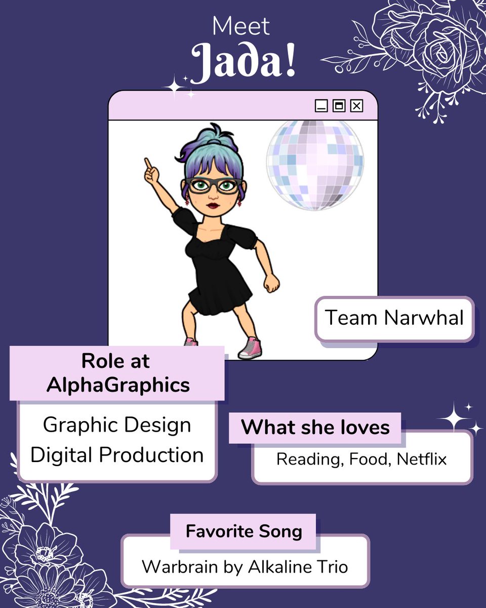 AlphaWyo's tweet photo. Today we’re meeting Jada! Jada is one of our graphic designers at AlphaGraphics, and she is in charge of our digital production. She is Team Narwhal (yes, they are real), and she loves all tones of purple equally. We are glad to have you on our team, Jada!
 #alphagraphicssheridan https://t.co/lH4yK3fwuF