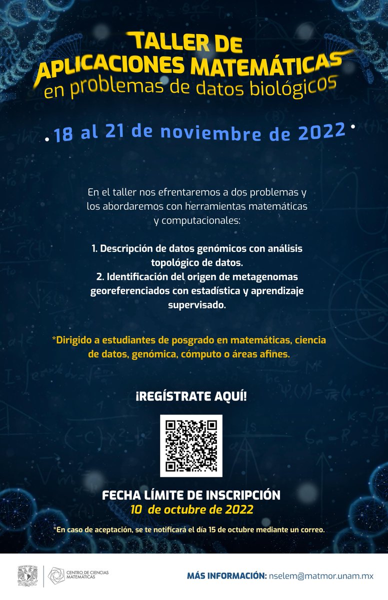 Becas para el taller de aplicaciones matemáticas y computacionales a datos genómicos y metagenómicos #CCM #Biomatematica. Inscríbete aquí --> forms.gle/qEXd9rrKcZspVG…