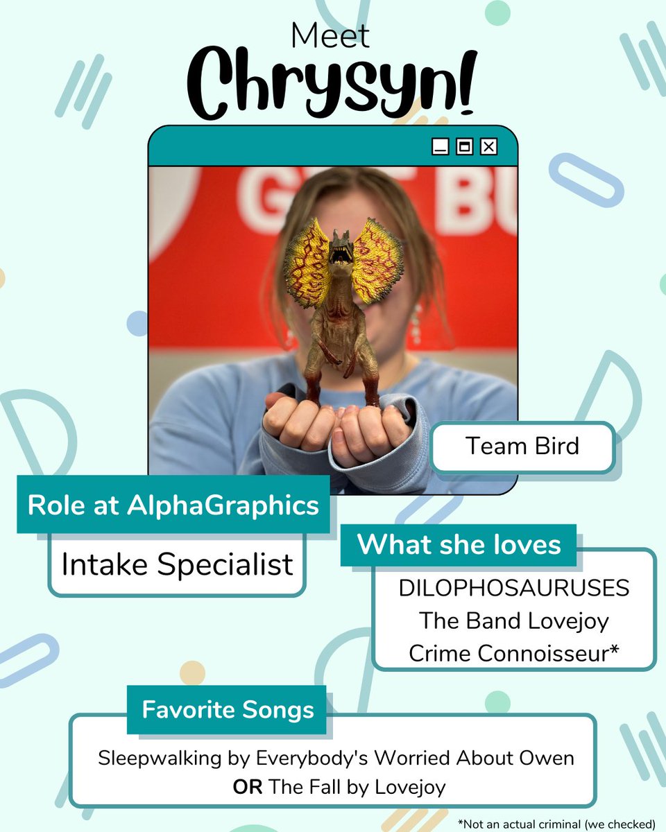 AlphaWyo's tweet photo. Say hello to Chrysyn! Chrysyn is our Intake Specialist here at AlphaGraphics. You will find Chrysyn at the front desk, ready to help you with all your printing and marketing needs. She LOVES all things Jurassic Park related (specifically Dilophosauruses).
 #alphagraphicssheridan https://t.co/d8CEYOrtCq