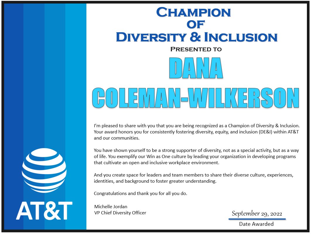 Dana Coleman-Wilkerson (@dcwbossmode) on Twitter photo This is truly such a huge honor. Diversity & Inclusion has always been so near and dear to my heart. Thanks for the recognition! ❤️❤️❤️
#DiversityAndInclusionChampion 
#WinAs1Fam #GuinningTogether #LifeAtAtt #DCWBossMode
<a href="/Nicole_Ra4t/">Nicole</a> <a href="/guinn_zack/">Zack G</a>
<a href="/Shanna_Dearden/">Shanna Dearden</a> This is truly such a huge honor. Diversity & Inclusion has always been so near and dear to my heart. Thanks for the recognition! ❤️❤️❤️
#DiversityAndInclusionChampion 
#WinAs1Fam #GuinningTogether #LifeAtAtt #DCWBossMode
<a href="/Nicole_Ra4t/">Nicole</a> <a href="/guinn_zack/">Zack G</a>
<a href="/Shanna_Dearden/">Shanna Dearden</a>