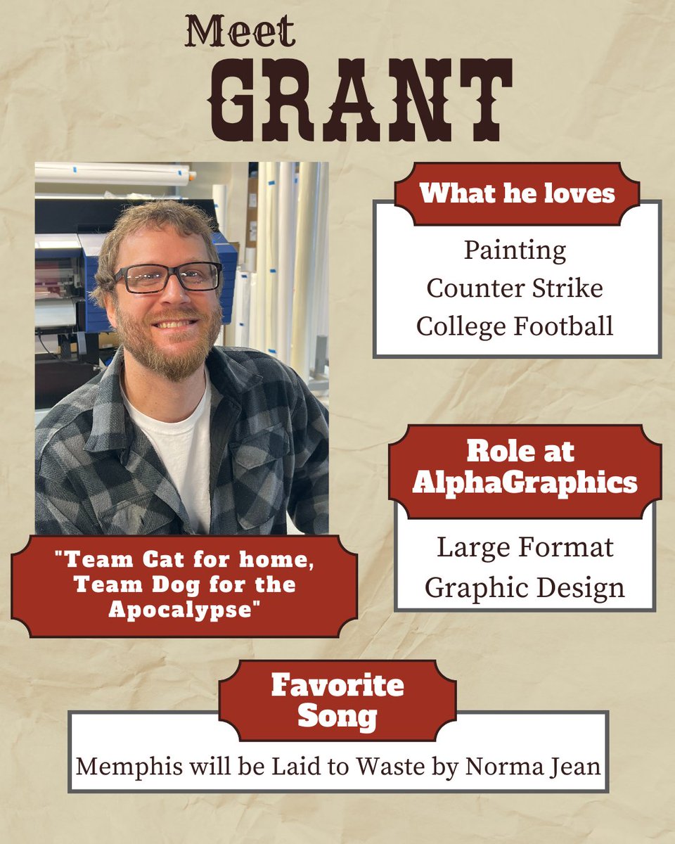 AlphaWyo's tweet photo. Give a big welcome to Grant! Grant is another one of our graphic designers at AlphaGraphics. He also works on the large format projects we do in house. He is an experienced illustrator, and his favorite color is turquoise. Welcome to the team, Grant! 
 #alphagraphicssheridan https://t.co/5Hs5Kgduzf