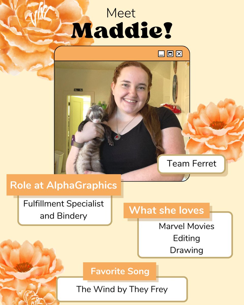 AlphaWyo's tweet photo. Say hello to Maddie! Maddie is our Fulfillment Specialist and she also works on bindery here at AlphaGraphics. She is Team Ferret, 100%. She loves ALL things Marvel and will gladly talk about it with anyone. We are excited to have you on our team, Maddie!
 #alphagraphicssheridan https://t.co/n6GWl8jZEy