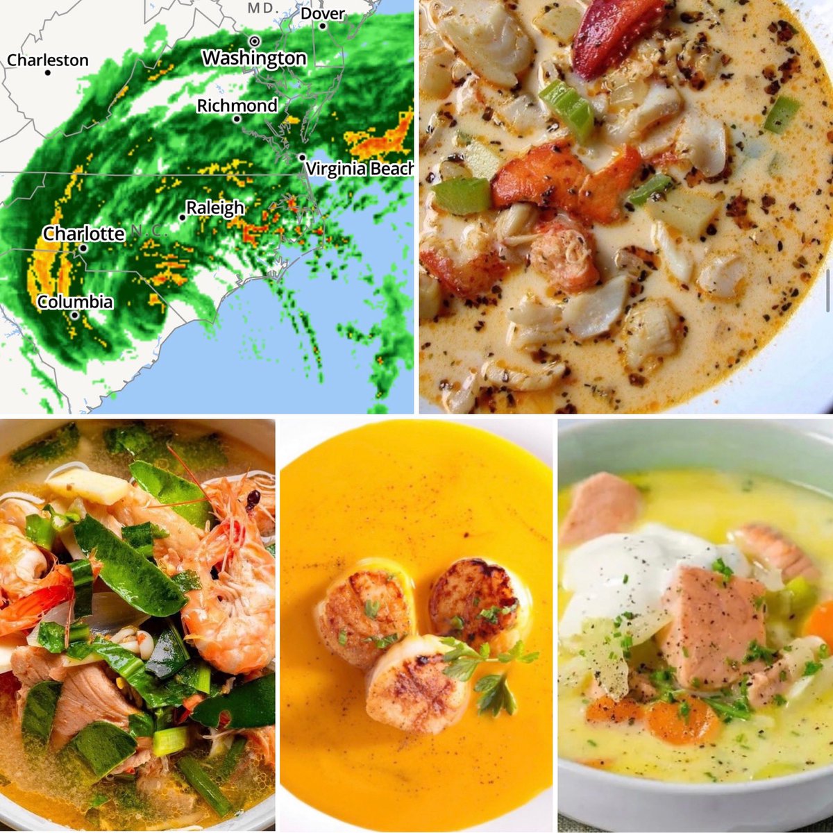 Problem: Cold and wet Ian remnants.  Solution: a delicious, warming, traditional Chowder, Thai Tom Yam Kung Soup (Tom Yom Goong, ต้มยำกุ้ง), Scallop and Carrot Soup, or Salmon Soup. Come by and see us — we’ll hook you up.
