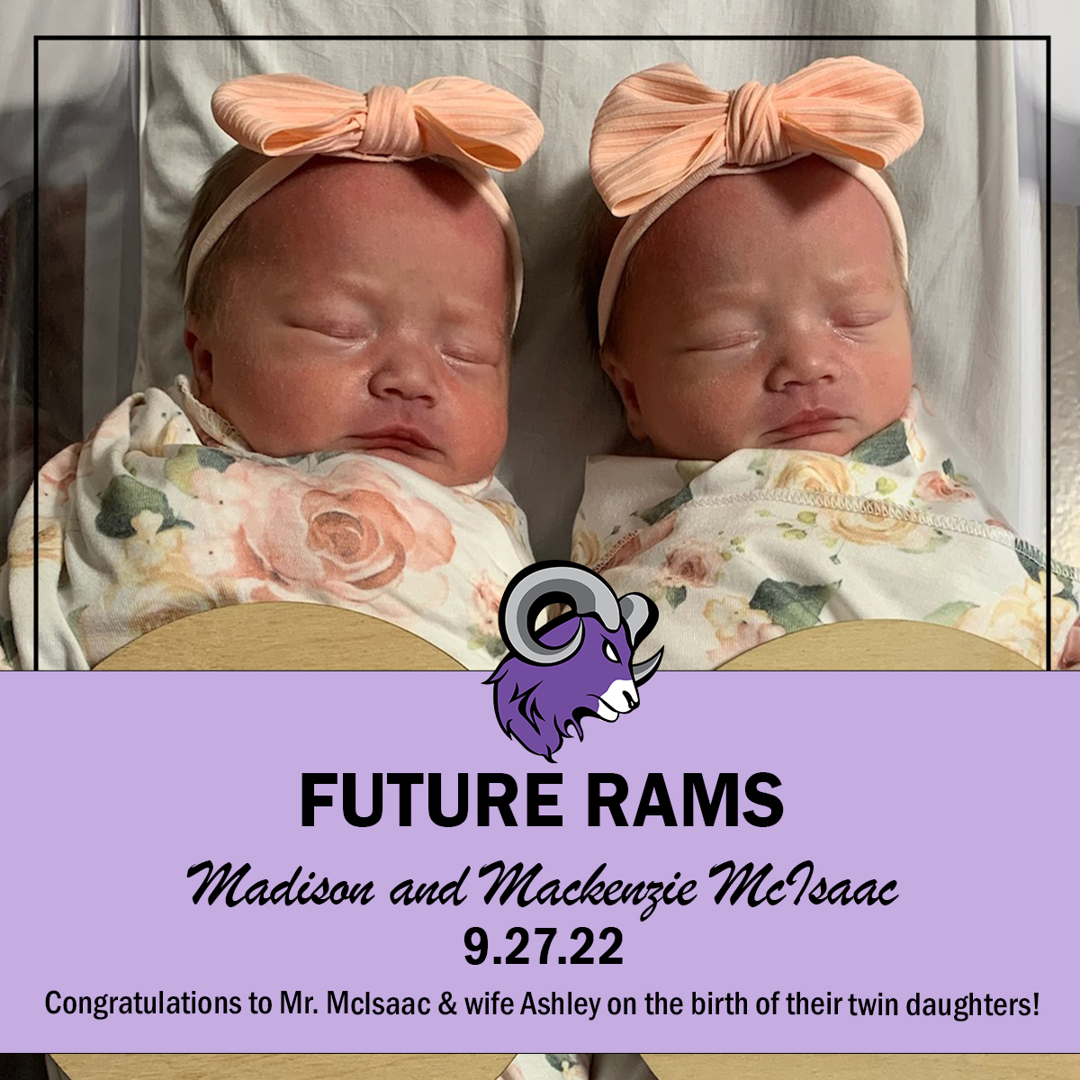shawtech_hs's tweet photo. Welcome to the #ShawTechRamFam Madison and Mackenzie! The Shawsheen community wishes history teacher Rob McIsaac and his wife Ashley, all the joy and well wishes on the birth of their twin daughters. #futureram #babynews #newarrival https://t.co/6X4VzMzzM3
