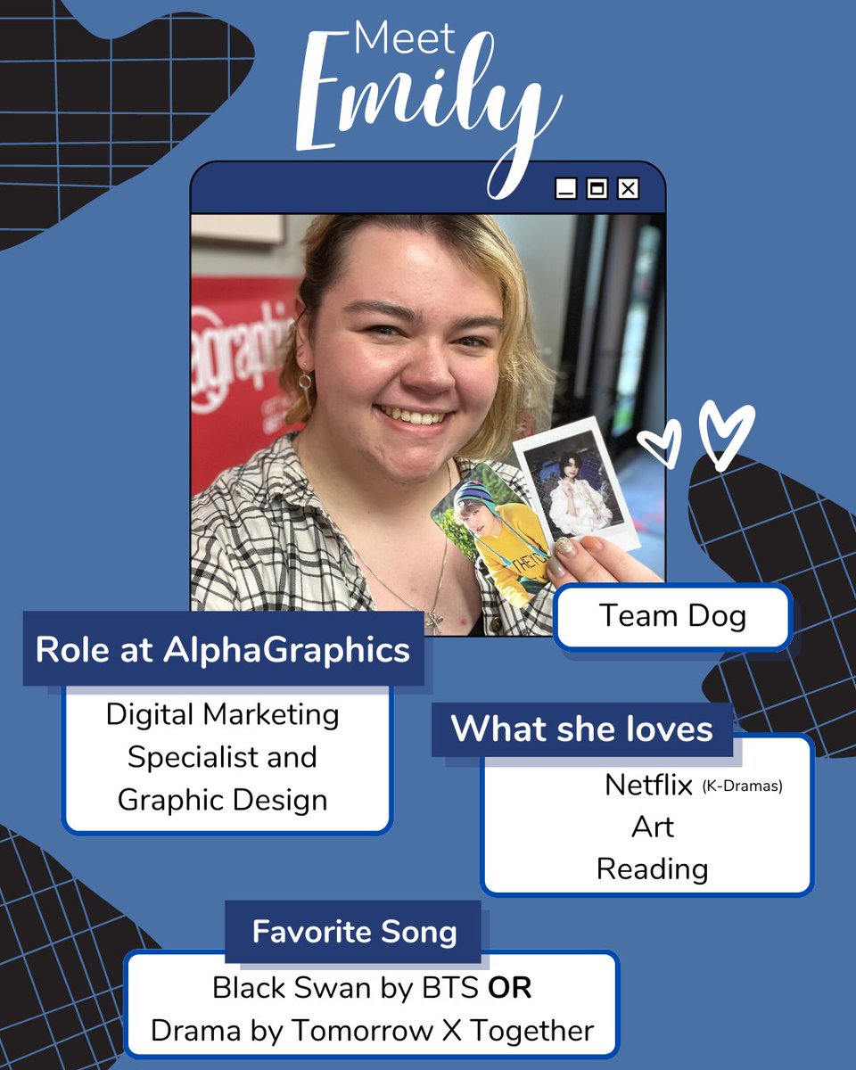 AlphaWyo's tweet photo. Today we’re meeting Emily! Emily is our Digital Marketing Specialist and also does some graphic design here at AlphaGraphics. She loves all animals but would have to say she is Team Dog. She will gladly talk about BTS all day. Welcome to the team, Emily! 
 #alphagraphicssheridan https://t.co/TIrXcXHfgN