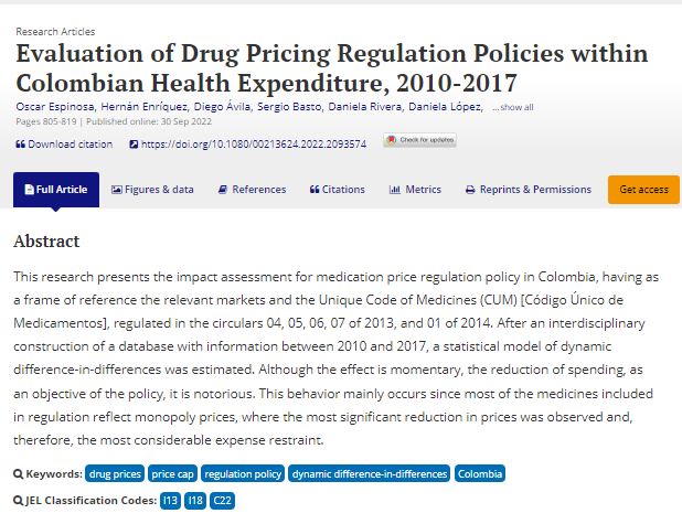 IETSColombia's tweet image. Compartimos la publicación científica “Evaluación de la política de regulación de precios de medicamentos en el gasto en salud de Colombia, 2010–2017” 👉 tandfonline.com/doi/full/10.10…. Estudio cofinanciado por @IETSColombia y @MinHacienda. Va hilo (1/11).
