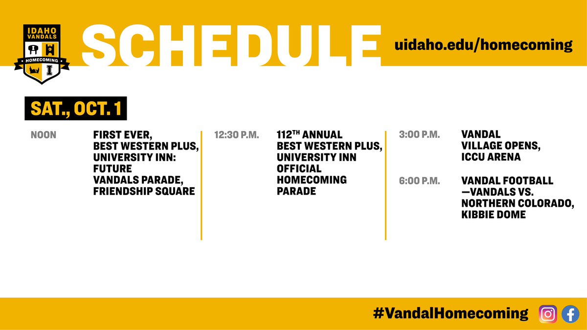 UIdahoAlumni's tweet photo. 🎉Don't miss the 112th Annual Vandal Homecoming Parade tomorrow, Oct. 1, at 12:30 p.m.! #govandals #uidaho #vandalgrad #uidahoalumni #moscowidaho
ℹ️🔗➡️ https://t.co/UcdIjzZ1CP https://t.co/p4RLx0dJkX