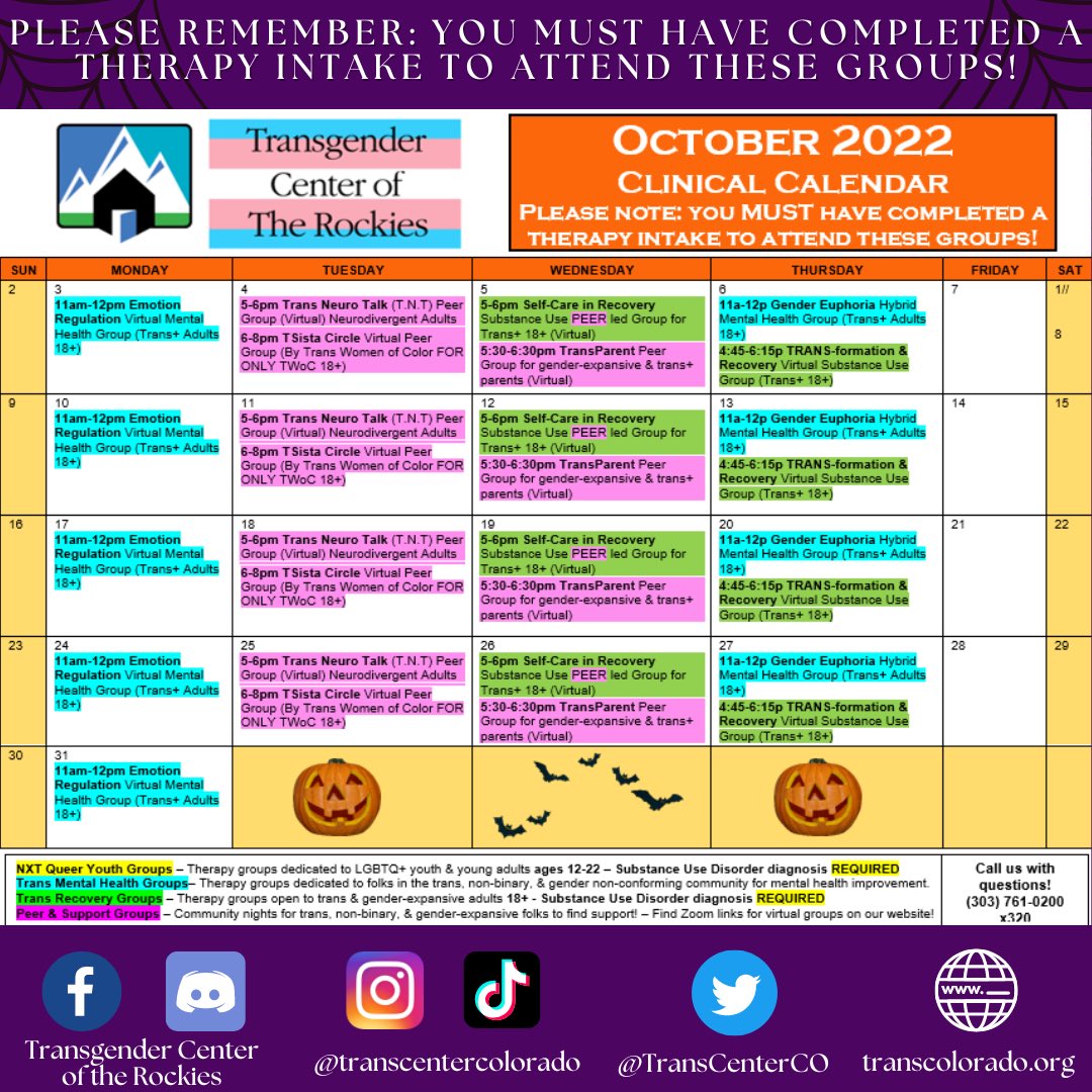 TransCenterCO's tweet photo. Spooky season is here! We're welcoming October with our monthly calendar! We're so excited to share all the fun social programming and events, and a wide offering of clinical groups, too! Stay tuned to our social media for more details about social events, we can't wait! 🤩🏳️‍⚧️🏳️‍🌈✨ https://t.co/tKEiTwNH2L