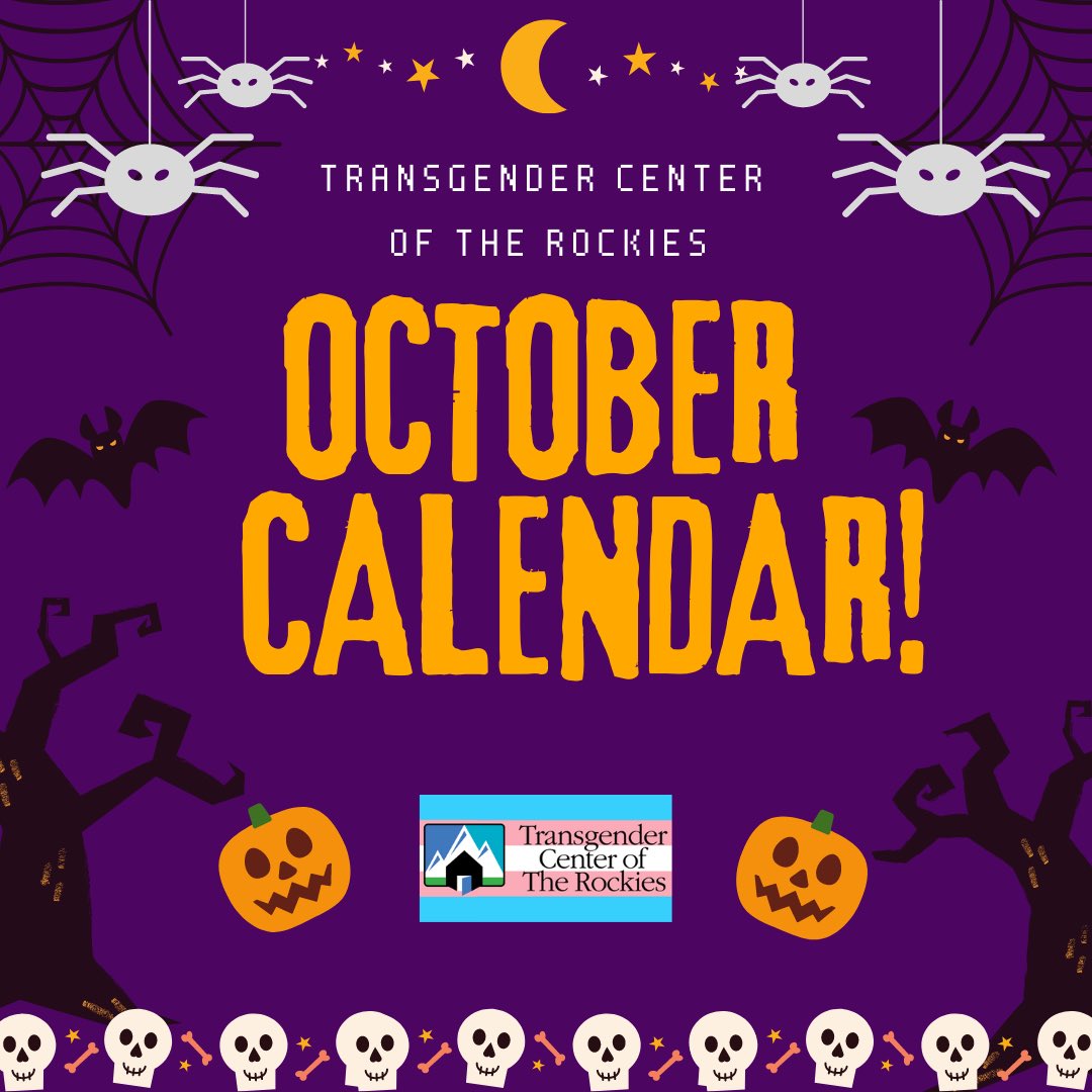 TransCenterCO's tweet photo. Spooky season is here! We're welcoming October with our monthly calendar! We're so excited to share all the fun social programming and events, and a wide offering of clinical groups, too! Stay tuned to our social media for more details about social events, we can't wait! 🤩🏳️‍⚧️🏳️‍🌈✨ https://t.co/tKEiTwNH2L