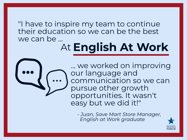 forum_together's tweet photo. Juan, a store manager at @SaveMart signed up with his team for the Forum's English at Work initiative. Through mentorship, peer learning, and sheer determination, they all successfully completed the program together. https://t.co/ZBgKOy1bKa
