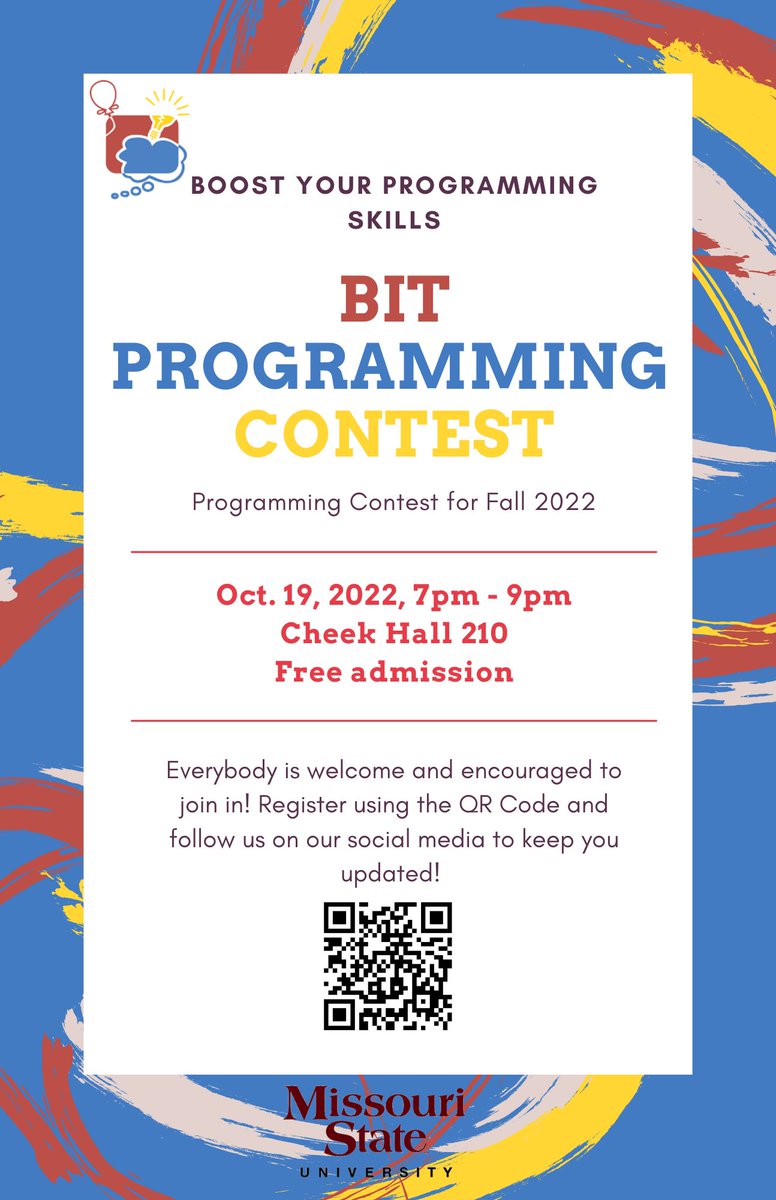 msubearsintech's tweet image. For this Fall 2022, we will host a programming contest at Cheek Hall 210. The contest will start on October 18th; until then, we will have demos to practice and see how the submission will be.
Just have fun and start hacking your way to the top 💯!
forms.office.com/r/75hdK6cWWb