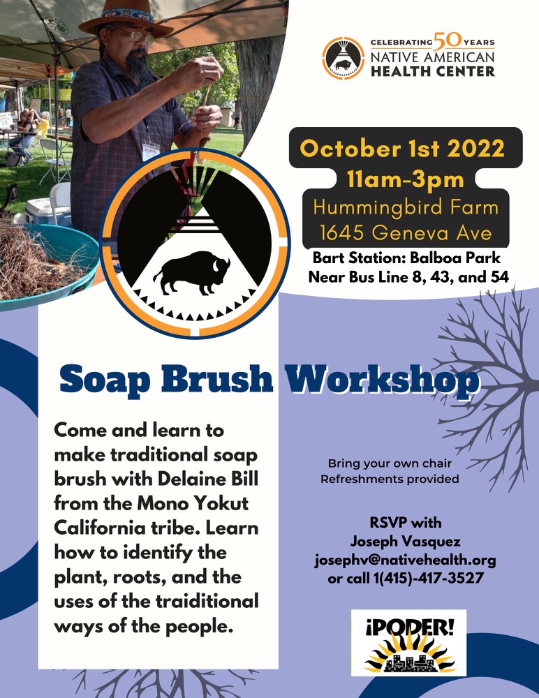 PODERSF's tweet photo. Join us this Saturday as we host, with @7Gen1D, a soap brush workshop with Delaine Bill from the Mono Yokut California tribe at #HummingbirdFarm. #OurRootsAreStrong #HechoNoComprado https://t.co/op8JgYYCRY