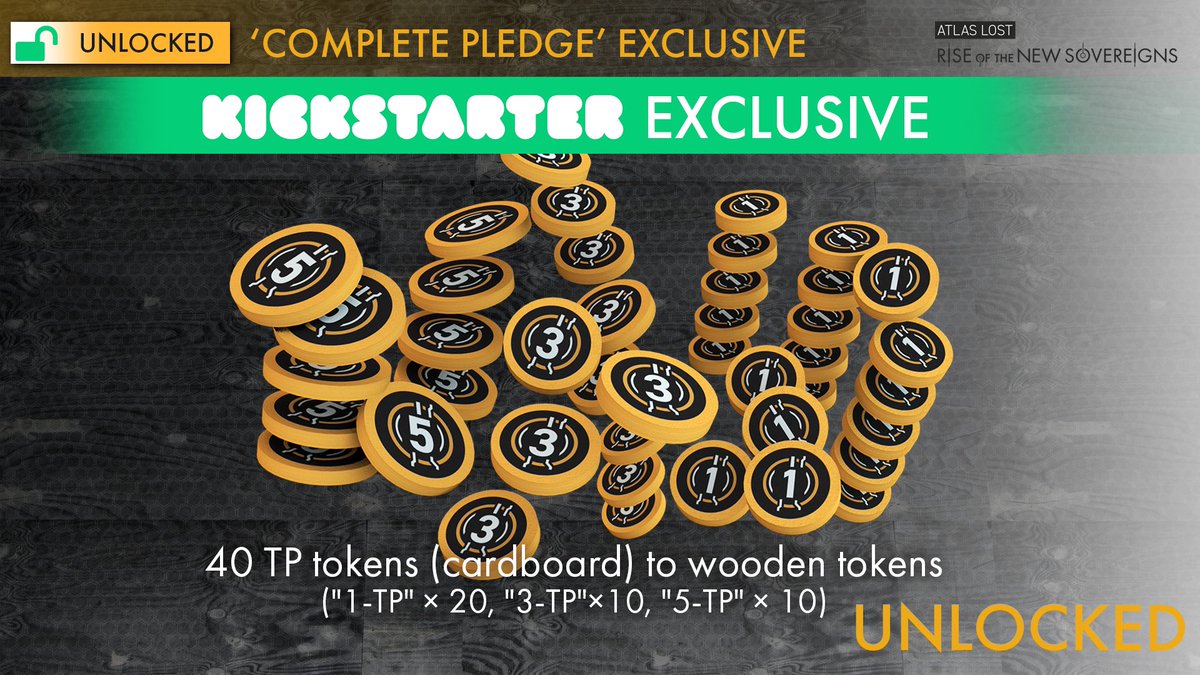 TacticalGamesJP's tweet photo. Thank you all so much for supporting #AtlasLost #RoNS on #Kickstarter
We've reached ✨1500%✨
The 40 TP tokens are upgraded to GORGEOUS wooden tokens! 🤩
Check out the next stretch goal! 👉https://t.co/WYChBGAXmD https://t.co/vPBK1EhDaY
