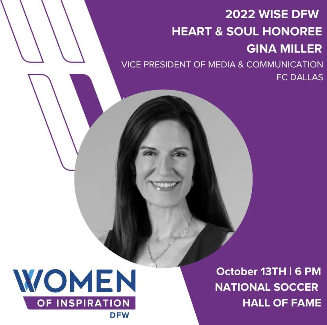 Announcing our 2022 Heart and Soul Award <a href="/TheGinaMiller/">Gina Miller</a> FC Dallas. Gina is an award winning journalist and media coach with more than 20 years sports media experiences! She calls Dallas home and is passionate about  supporting and coaching other women in the business ✨