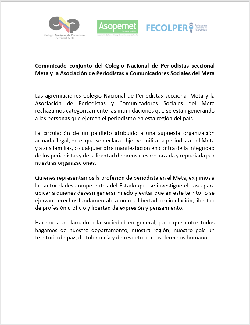Rechazamos intimidaciones hacia el periodismo del Meta, por eso emitimos comunicado conjunto entre la Asociación de Periodistas del Meta y el Colegio Nacional de Periodistas seccional Meta. 

@CNP_Colombia @Fecolper @JorgeLuisUtria @AdrianaHurtado <a href="/RamonAlbertoSo1/">Ramon Alberto Soto</a> <a href="/JaimeAbello/">Jaime Abello Banfi</a>