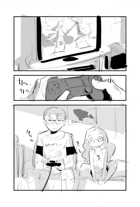 ちょっぴり恥ずかしながら今作のネームを公開させていただきます。実はこの段階の絵の方が雰囲気があって好きなんですよね…。興味がある方は本編と見比べて下さいませ。
ちなみに作中の対戦ゲームの設定は仕上げ直前まで考えてなかったので、一部キャラの見た目が大きく異なっております。 