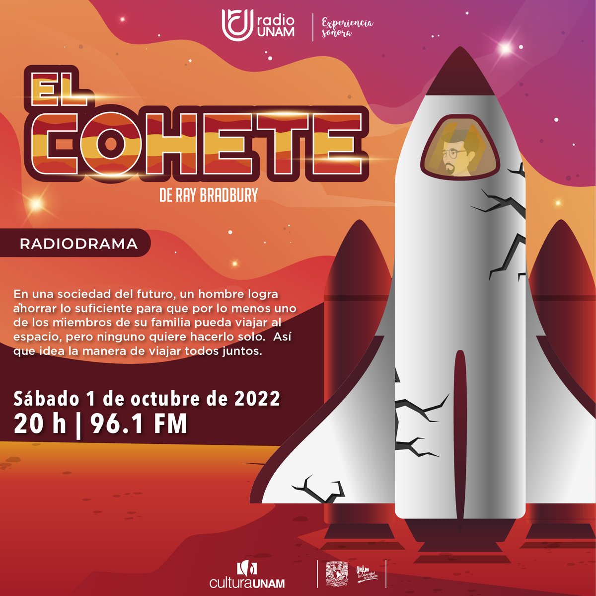 RadioUNAM's tweet photo. ¡Prepárate para vivir auténticas aventuras sonoras con una selección de adaptaciones de obras de Ray Bradbury! 📚🔊🚀 Comenzamos MAÑANA con #ElCohete. ¡Es #imperdible! 👇 https://t.co/DSx80sGCDf