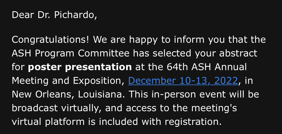 Rayli_p's tweet photo. Very excited for our team to be accepted for a poster presentation at #ASH22 @LatinasInMed @LatinxOncology https://t.co/eG3tqJsGjP