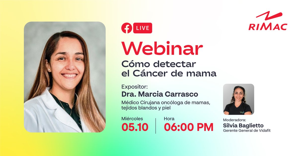 #WebinarRIMAC

¿Quieres saber cómo prevenir el cáncer de mama? 🤔

🗓 Miércoles 05 de octubre.
⏰ 6:00 p.m.  
‍A cargo de: Dra. Marcia Carrasco

👉 fb.me/e/1UekY4L5r