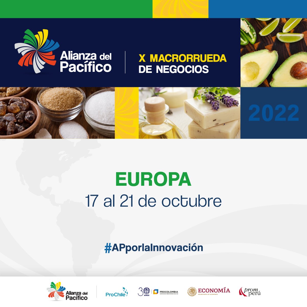 A_delPacifico's tweet photo. El Grupo Técnico de Agencias de Promoción de la #AlianzaDelPacífico @ProChile @PROCOLOMBIACO @SE_mx @Promperu, te invitan a participar de la X Macrorrueda de Negocios de la AP.
Rueda Europa
📆 17 al 21 octubre
Rueda Asia
📆 24 al 28 de octubre
Registro 👉 https://t.co/Ib5A5jDITc https://t.co/ty1RaYFuuD