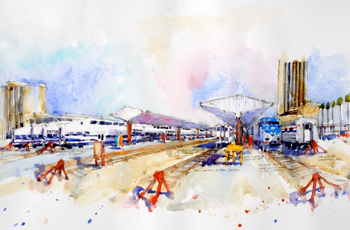 Metrolink's tweet image. Over the next month, we'll be featuring colorful and energetic watercolor paintings by Joseph Stoddard centered around our central hub, @unionstationla! First up is a platform view. Check out more of Stoddard's pieces and gallery events at josephstoddard.com #takethetrain