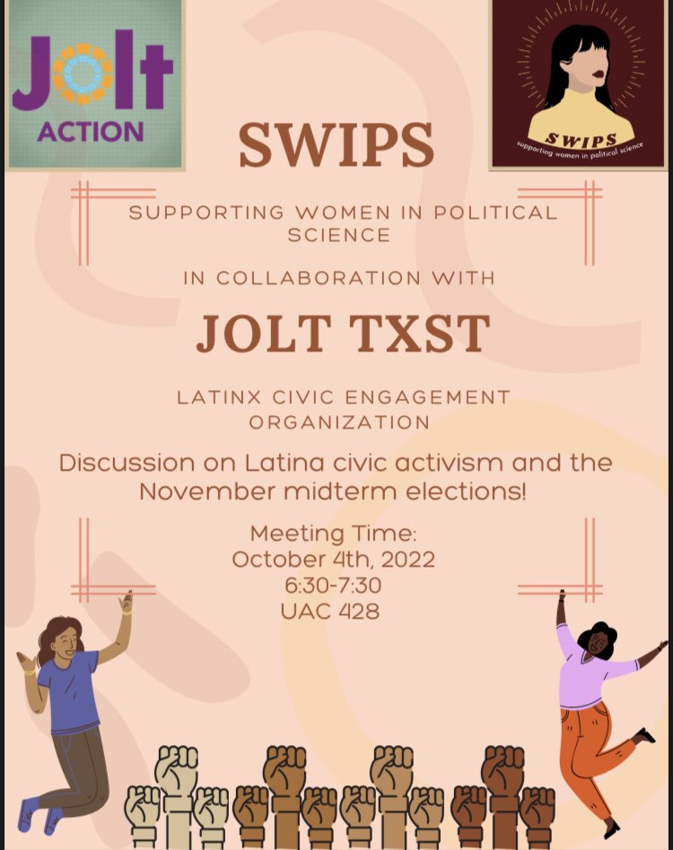 TELL YOUR FRIENDS! JOLT and SWIPS are having the ultimate crossover meeting to talk about Latina civic activism and giving you the lowdown on the midterm November elections. Come grab some cupcakes and drinks in UAC 428 at 6:30pm next Tuesday!