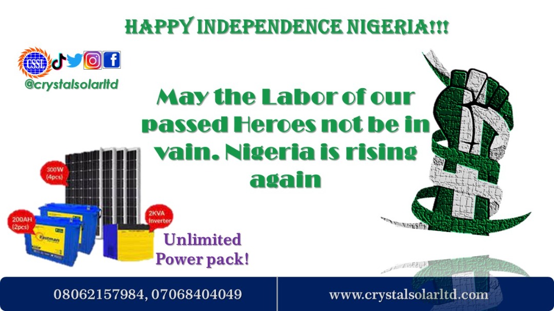 crystalsolarltd's tweet photo. Nigeria @62 , Congratulations.. Nigeria will be great again.
#crystalsolarltd #NigeriaAt62 #csslsolarenergy #Twitter https://t.co/iJey0hZcrK