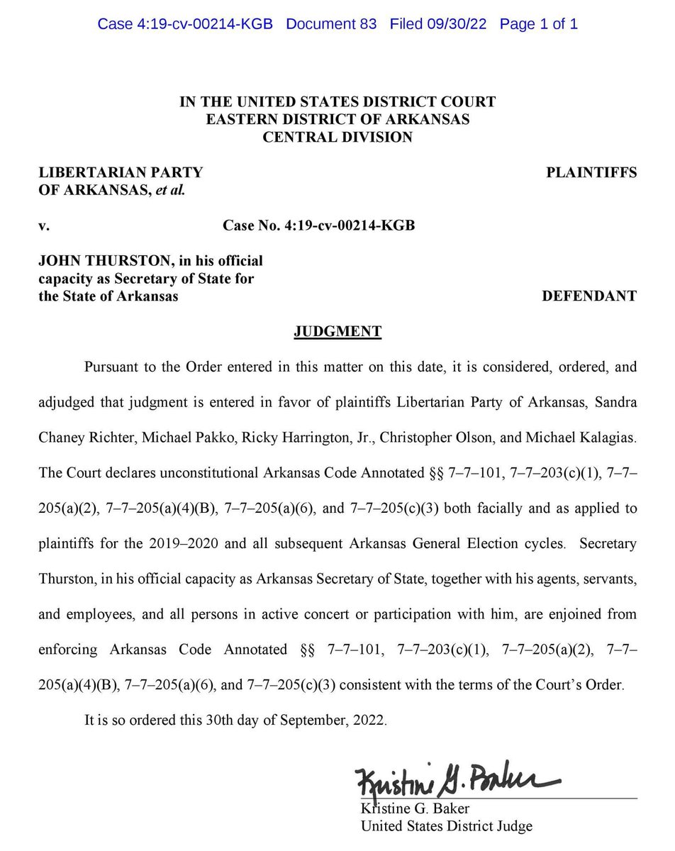 LPArkansas's tweet photo. BREAKING NEWS: Federal Court rules in favor of the Libertarian Party of Arkansas
In a decision issued today, U.S. District Judge Kristine G. Baker ruled that several sections of Arkansas election law governing "new political parties" were unconstitutional. #arpx #arleg https://t.co/isximHw2aU