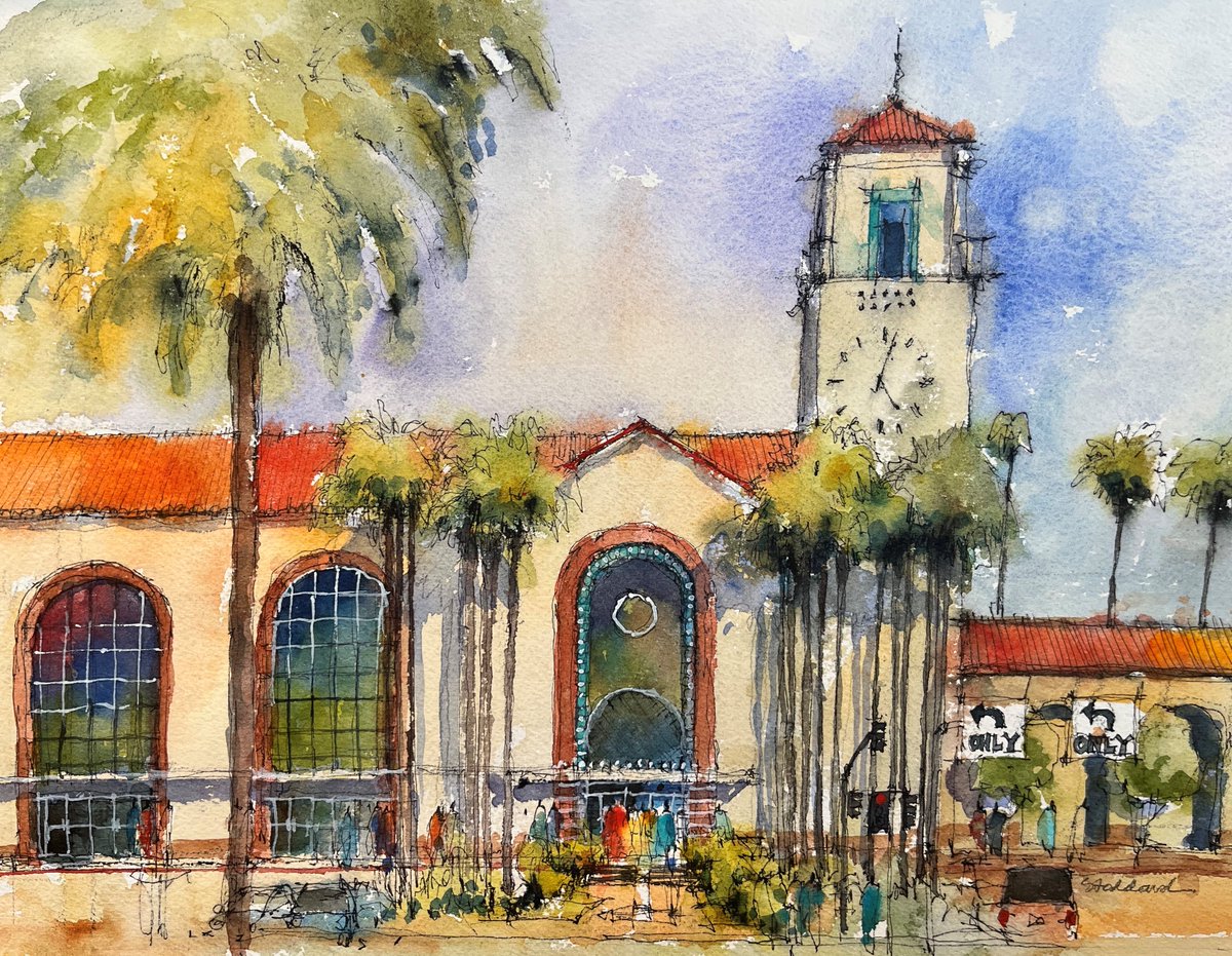 Metrolink's tweet image. The adventures of Joseph Stoddard at @unionstationla continue with an across-the-street view of the architectural wonder. It was a little after 5 p.m. that day. Check out more of Stoddard's pieces and local gallery events at josephstoddard.com #takethetrain