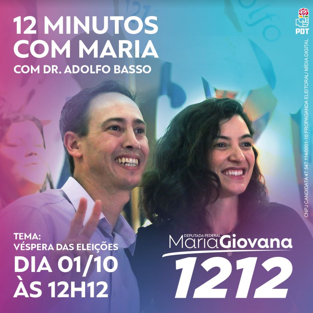 MariaGFortunato's tweet photo. No “12 minutos com Maria de amanhã eu vou conversar com o @dradolfobasso sobre a véspera das eleições. É às 12h12, espero vocês!

#PraRMCViverMelhor!
#1212 #VamoscomMariaGiovana #MGF2022 #DeputadaFederal #RMC
#Americana #VemComAGente https://t.co/DQ6pwxnk51