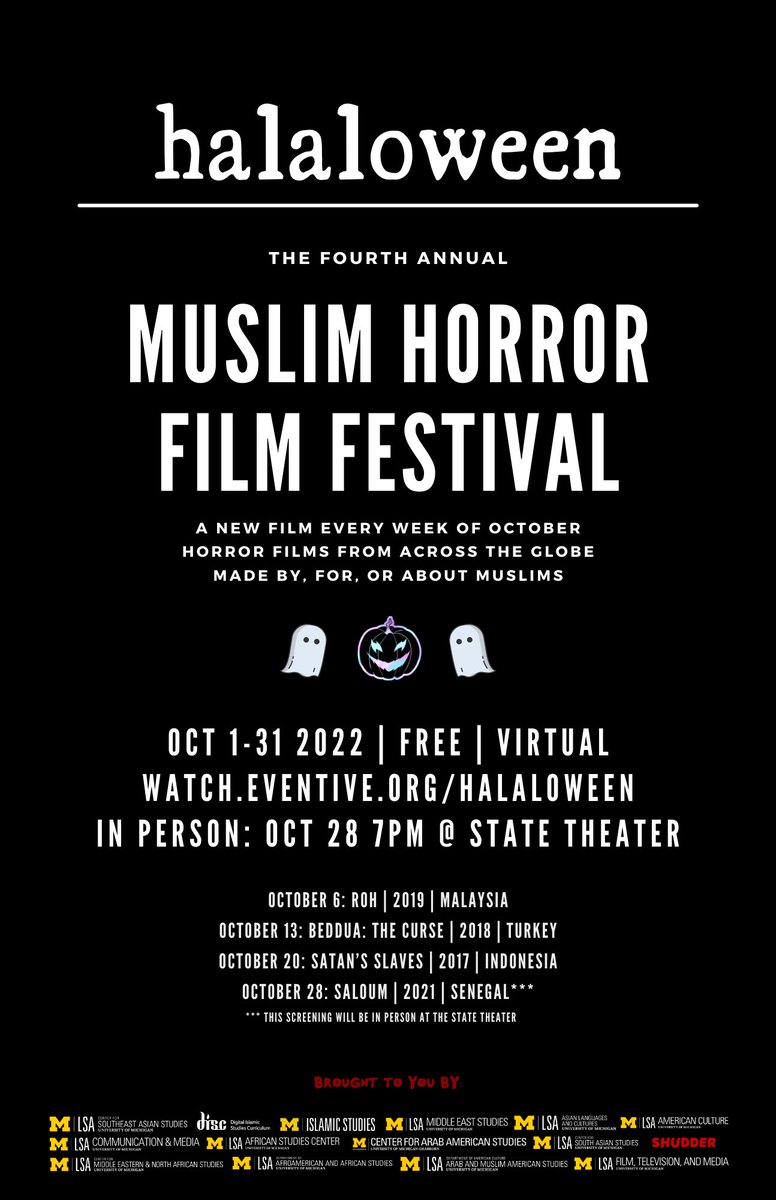 umichGISC's tweet photo. It's back! October is around the corner and so is #Halaloween. Join us online and in person every week of October for a new #MuslimHorror film. This year's lineup? Films from #Malaysia #Turkey #Indonesia &amp; #Senegal. Pre-order now: https://t.co/RGGIOhAUY1 https://t.co/5IRD6tDYzK