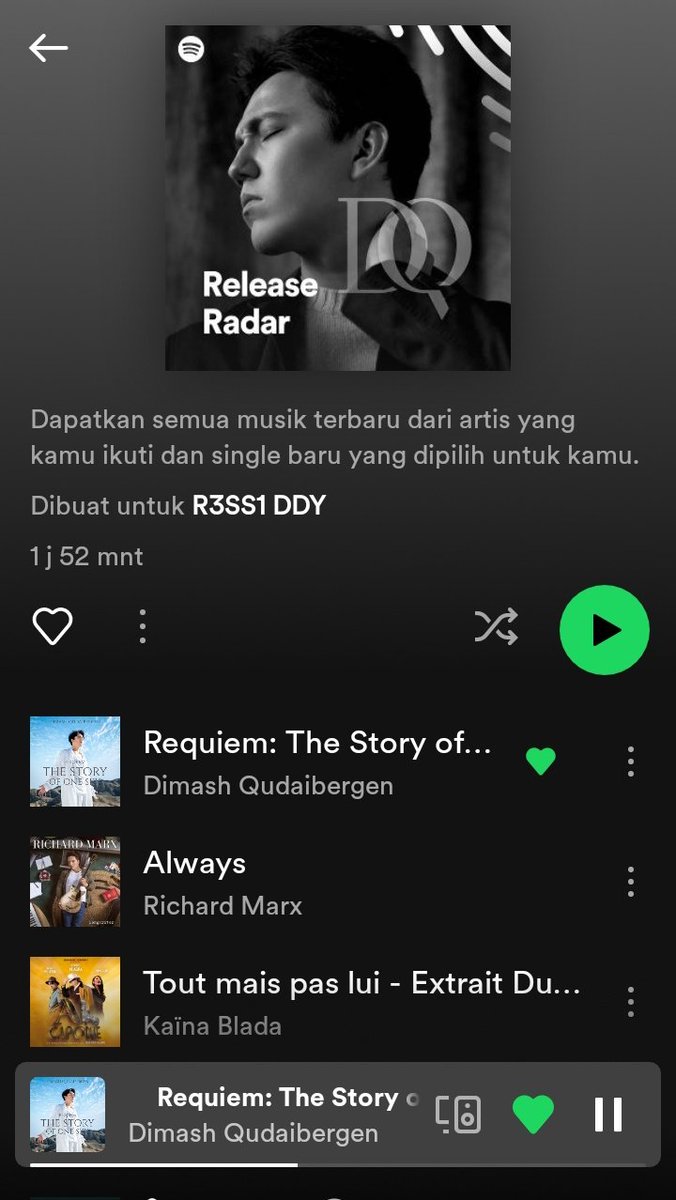 @Konstantina_ang @dimash_official Me too 🤩
My #Spotify Release Radar with @dimash_official  new song #Dimash_Requiem  #TheStoryOfOneSky  listening to this studio version  I feel more relax coz I can hear more cleary all the background music.  I still love the MV  , feel different aproach about it 🤗