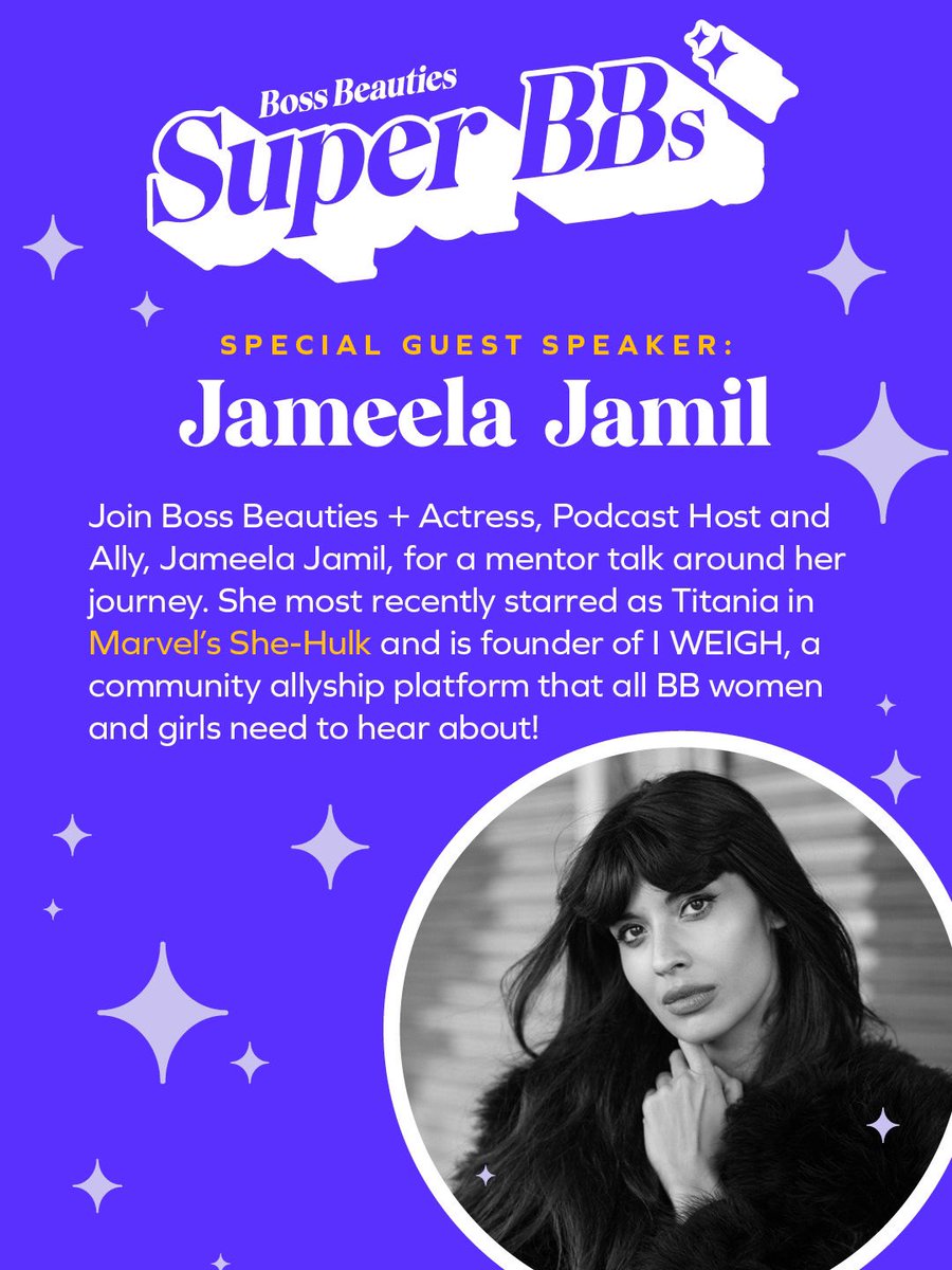 BossBeauties's tweet photo. Super BB Virtual Summit Speaker Announcement 🔥

Join @lisacmayer + @MarvelStudios @SheHulkOfficial Titania, @jameelajamil for a Super BB Mentor Chat on 10/5 at 11 am PST! 

She’s a IRL Super BB &amp; Role Model. Can’t wait for you hear from her! 
🦸‍♀️🦸🏽‍♀️🦸🏻‍♀️

https://t.co/l7d20b7jrl https://t.co/gNyFLBXool