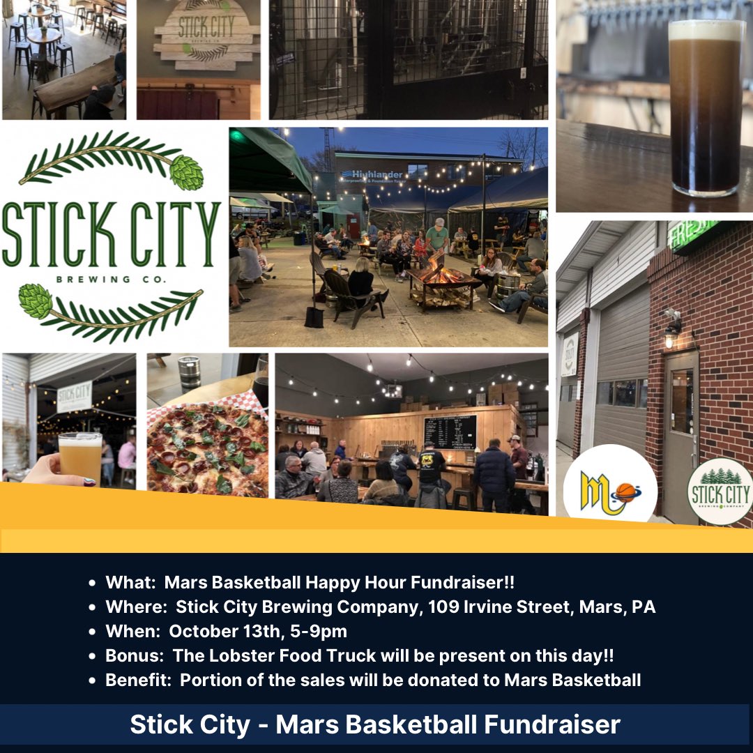 MarsHS_Hoops's tweet photo. Who doesn’t love happy hour?  Come out to @stickcitybeer on October 13th between 5-9pm for food and drinks!  The Lobster 🦞 Food Truck will also be there. A portion of the sales will be donated to Mars Basketball! 🏀💙💛 #goplanets #NEXTUP #stickcitybrewing https://t.co/sMAsxShGaJ