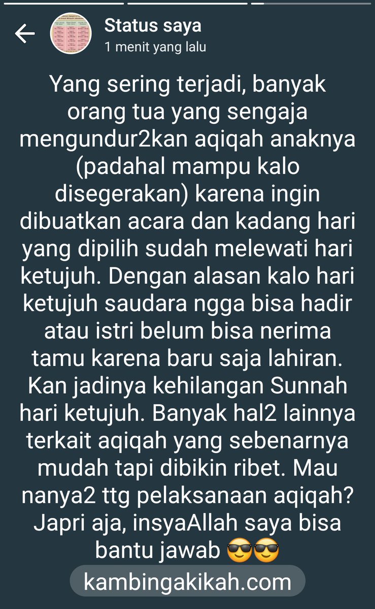 Aqiqah kalo bisa dilaksanakan dengan mudah ya jangan dibuat ribet. Pakai jasa saya aja, insyaAllah akan mempermudah niatan aqiqah anak anda. Telp ke 0818.064.50.434 untuk pemesanan paket aqiqah. Gratis antar sejabodetabek.