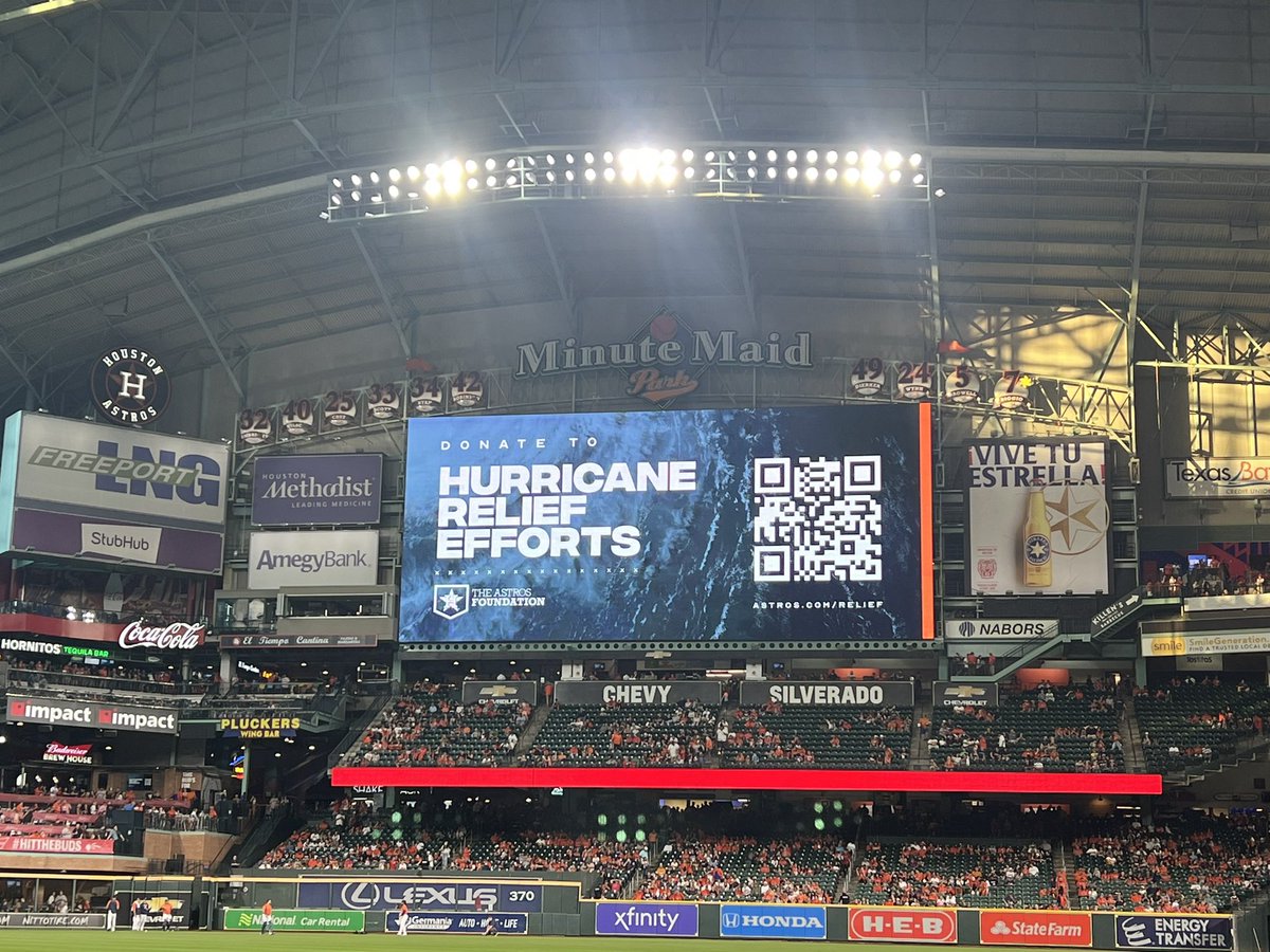 TriciaWhitaker's tweet photo. Astros are fundraising today at the game for Hurricane relief.

Shane McClanahan, who’s parents live in his hometown of Cape Coral, which was hit hard, spoke on it.

“Shows a lot of class from Astros. Shows that in ⚾️ we’re one big family. When one is down we pick the other up.” https://t.co/U3kluWVdUJ