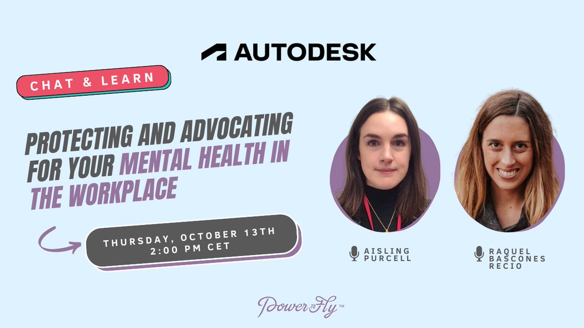 #Mental #health is important. Join Autodesk's Aisling Purcell and Raquel Bascones Recio as they share some tips and strategies to protect and advocate for your mental health in the workplace. 
Date: Thursday, October 13th, 2:00 - 3:00 PM CET  
RSVP bit.ly/3pCqGsP