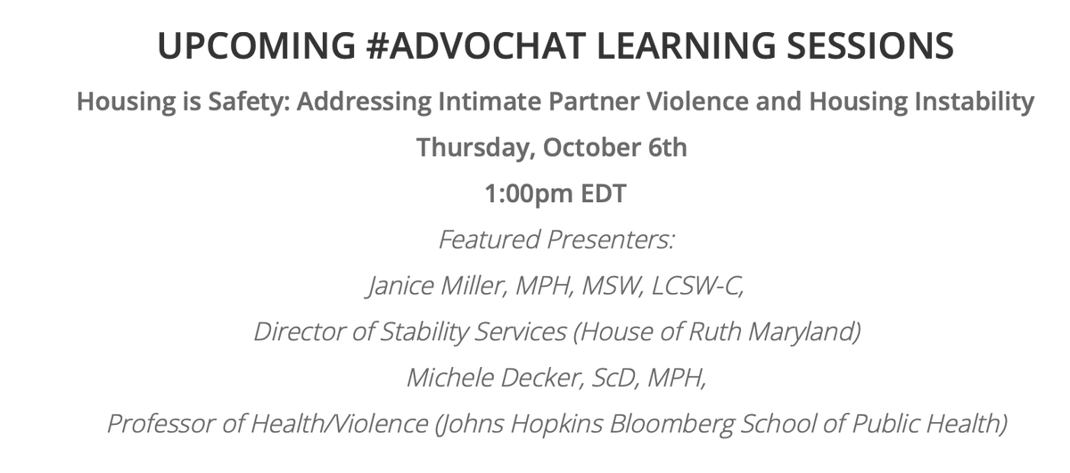 michelerdecker's tweet photo. Kicking off #DVAM2022 with an #Advochat session Thursday Oct 6th on #Housing #IPV with the incredible Janice Miller @Janice13q @HouseOfRuthMd!   
Register at https://t.co/740dfoL31y - see you there!
@AmericanHealth @JohnsHopkinsAHW @JHUGenViol @WithoutViolence https://t.co/iUvzcG5oYc