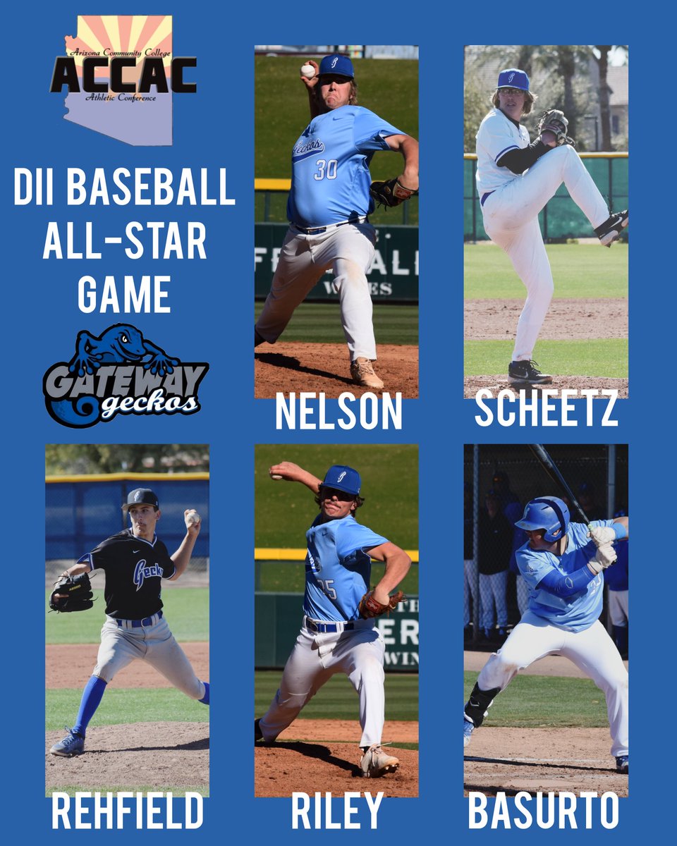 GateWayGeckos's tweet photo. Congrats to these guys for getting selected to play in the @accac_sports DII All-Star Game!!

Tonight!!
🕡 7pm
📍 @gcu
🎟️ $10

@cadenelson2202
@micky_scheetz22
@isaacsouthpaw49
@MichaelRiley_34
@basurto_nomar

@gecknation @gatewayaz 
#AllStarGame #baseball #gecknation https://t.co/ZD3AKNv1p2