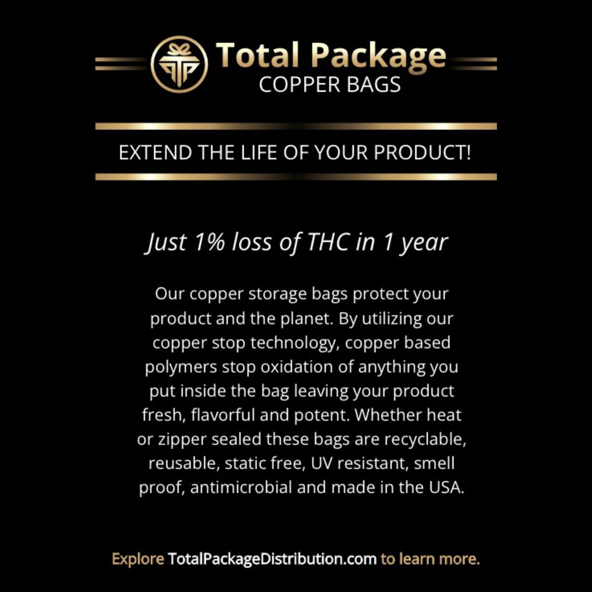 TPCopperBags's tweet photo. With proven test results of up to a year showing just 1% loss in THC we now have the power to protect your product and the planet! 
#recyclablepackaging #totalpackagecopperbags #recyclable #copperbag #ecofriendly https://t.co/lWnSYzHh0I