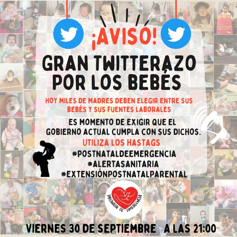 Miles de mujeres madres trabajadoras nos unimos y exigimos que nuestros bebés sean prioridad  para el <a href="/GobiernodeChile/">Gobierno de Chile</a> 
#ExtensiónPostnatalParental  mientras la #AlertaSanitaria continúe. #PostnatalDeEmergencia
<a href="/rodrigosepu/">Rodrigo Sepúlveda Lara</a> <a href="/MjGaticaB/">María José Gatica Bertin</a> <a href="/paulinanu/">Paulina NuñezUrrutia</a>
