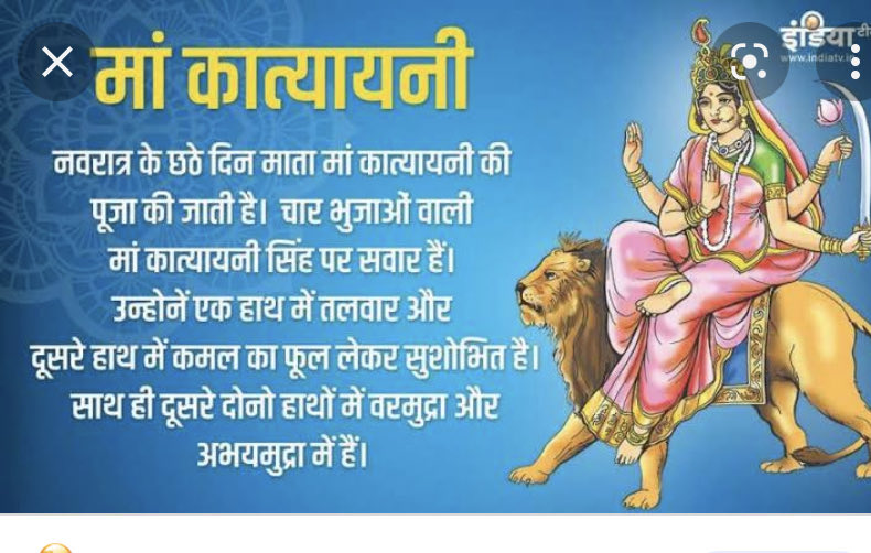 षष्टमं कात्यायनीति………

"कात्यायनी महामाये, महायोगिन्यधीश्वरी।
नन्दगोपसुतं देवी, पति मे कुरु ते नमः।।"

मां नवदुर्गा के स्वरूपों में कात्यायनी देवी को छठा रूप माना गया है। मां कात्यायनी देवी के आशीर्वाद से विवाह के योग बनते हैं व वैवाहिक जीवन में भी खुशियां प्राप्त होती हैं।
