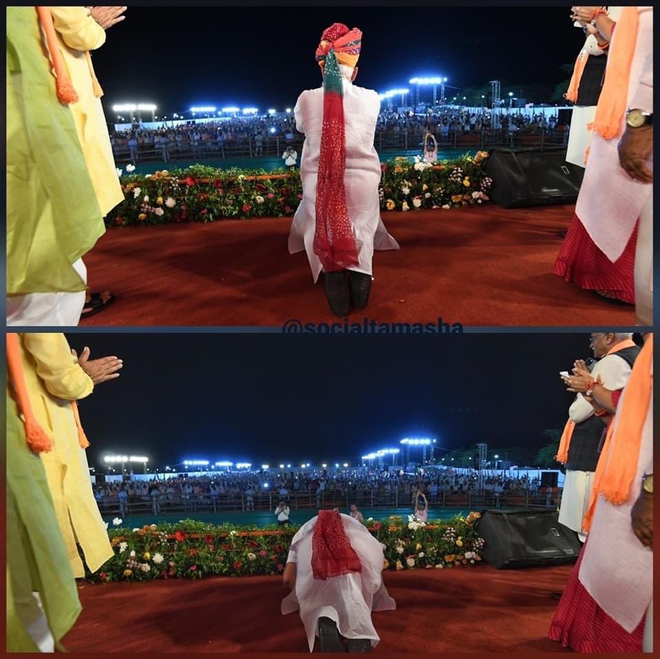 blsanthosh's tweet image. PM Sri @narendramodi kneels down &amp;amp; offers pranams to patiently waiting cheering crowd since he could not address them due to restriction on usage of sound system post 10 pm . Makes us speechless .